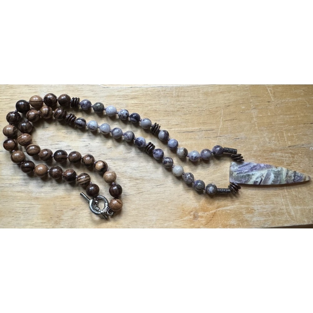 Beaded Necklace Stone & Wood Beads Purple/White Tusk Charm Pendant, Toggle